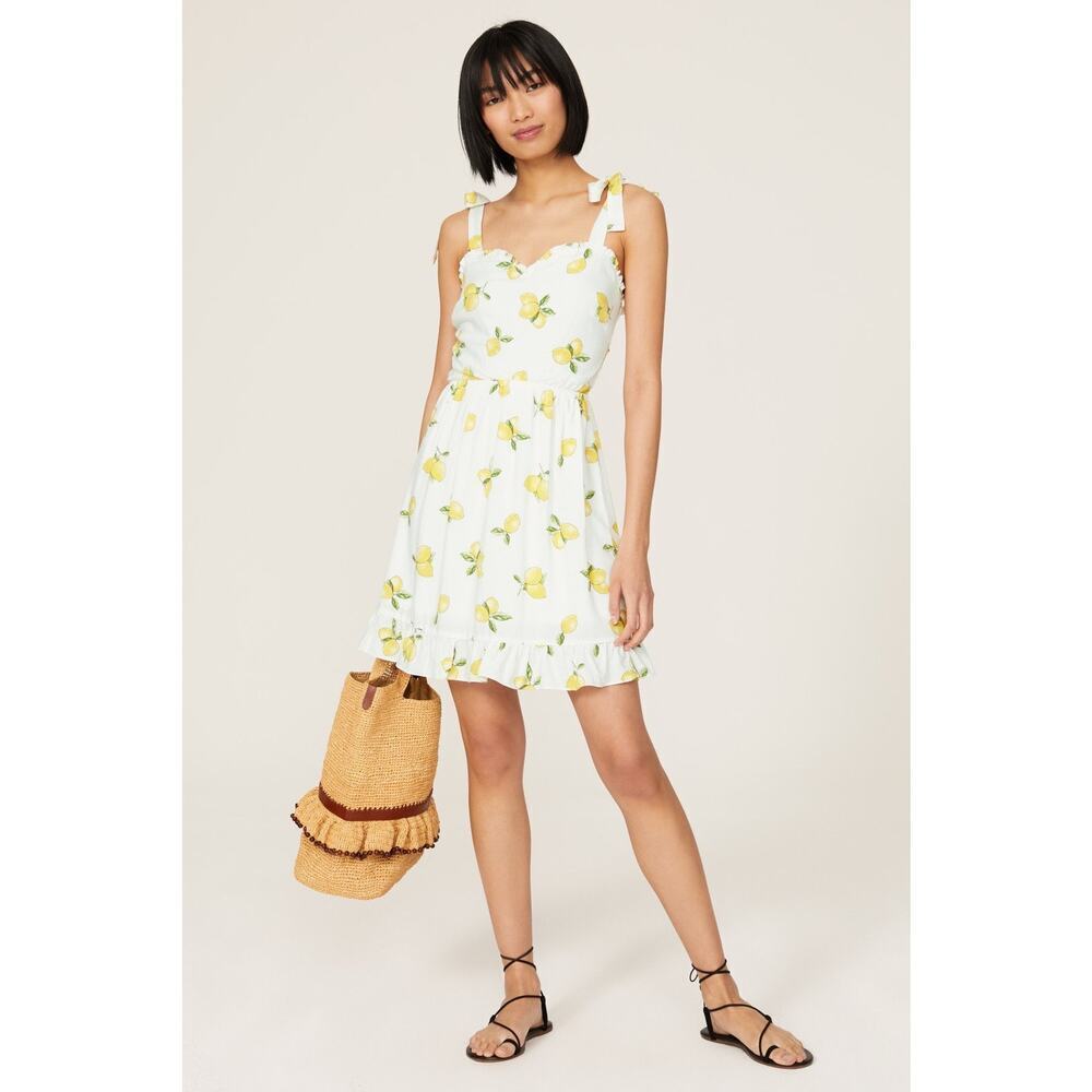 SLATE & WILLOW Yellow White Lemon Print Sweetheart Neckline Midi Dress Size XS